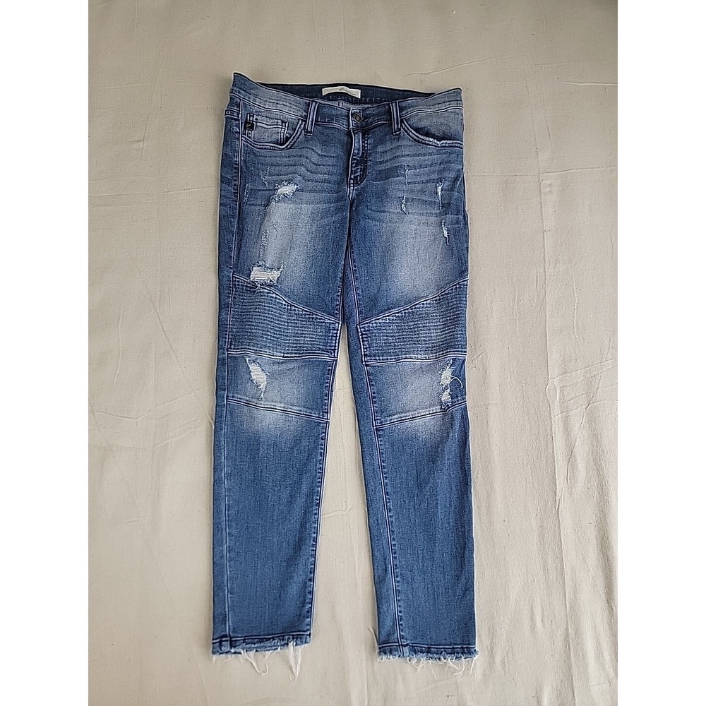 KanCan Moto Skinny Jeans Womens 28/9 Blue Distressed Ribbed Knee Raw Hem KC8201D